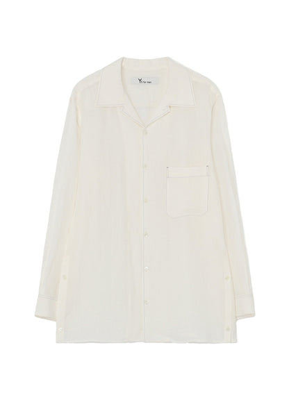 WHITE 60 LINEN LAWN SHIRT WITH OPEN COLLAR AND COLOR COMBI STITCH