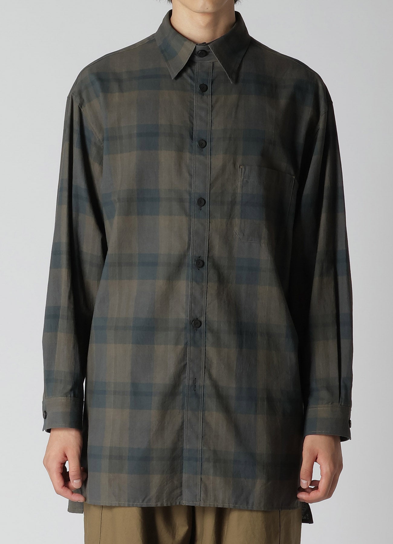 COTTON LINEN PLAID SHIRT WITH LAYERED COLLAR