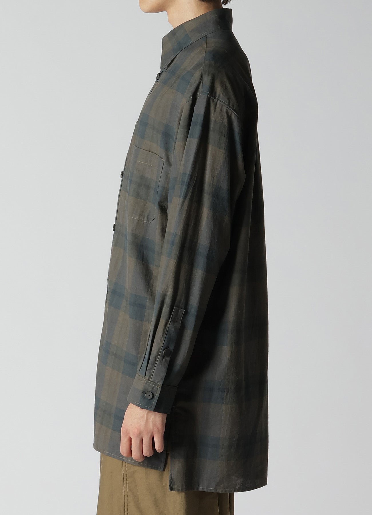 COTTON LINEN PLAID SHIRT WITH LAYERED COLLAR