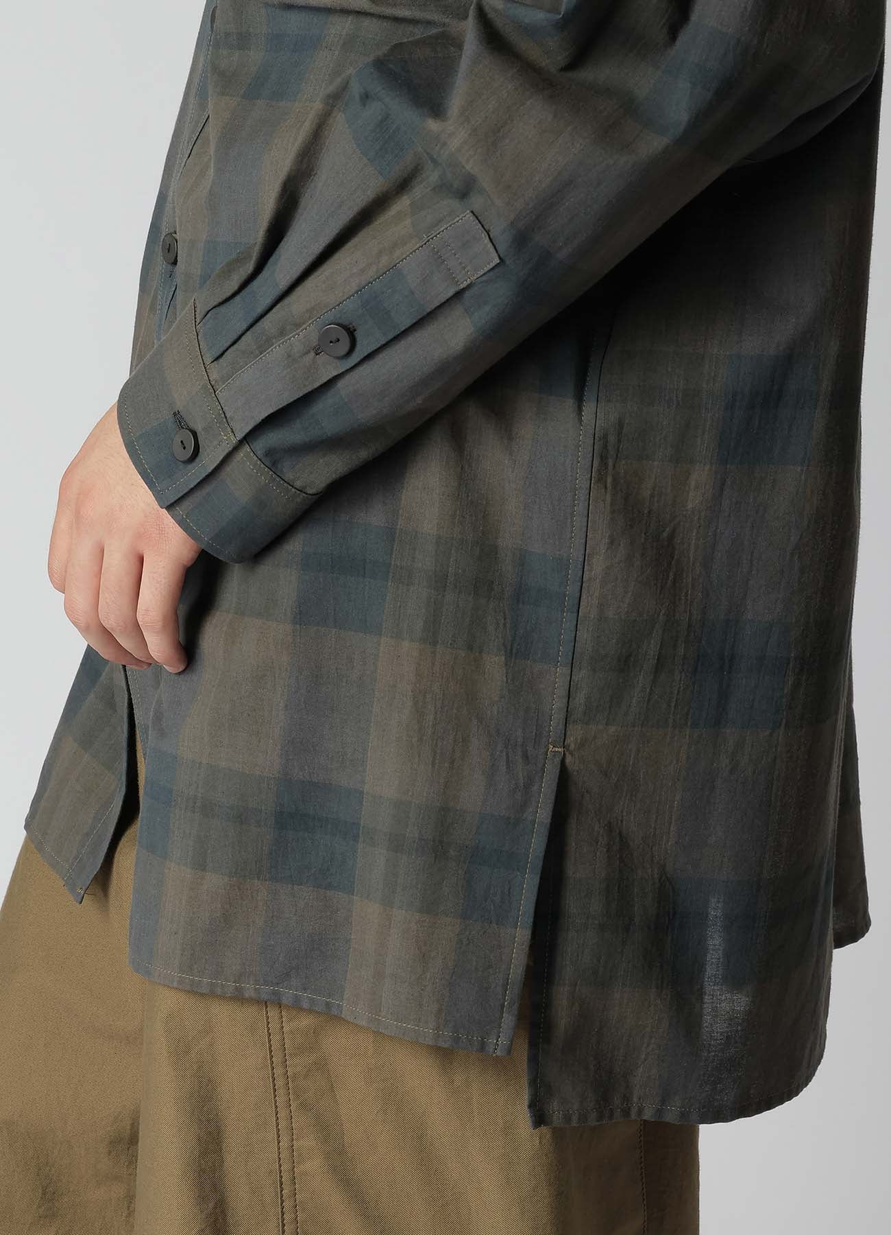 COTTON LINEN PLAID SHIRT WITH LAYERED COLLAR