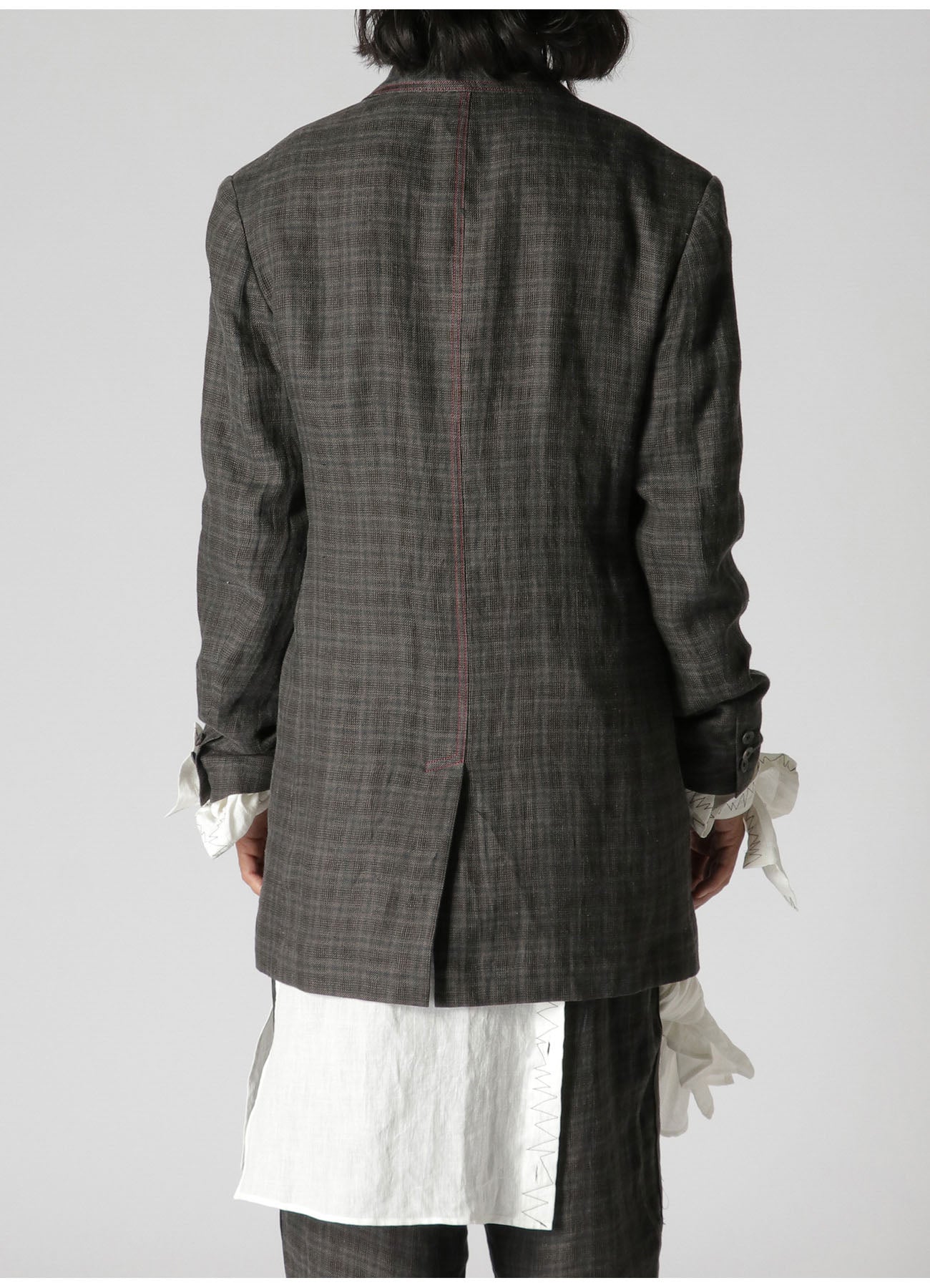 LINEN TWILL PLAID 4-POCKET JACKET WITH RED STITCHING