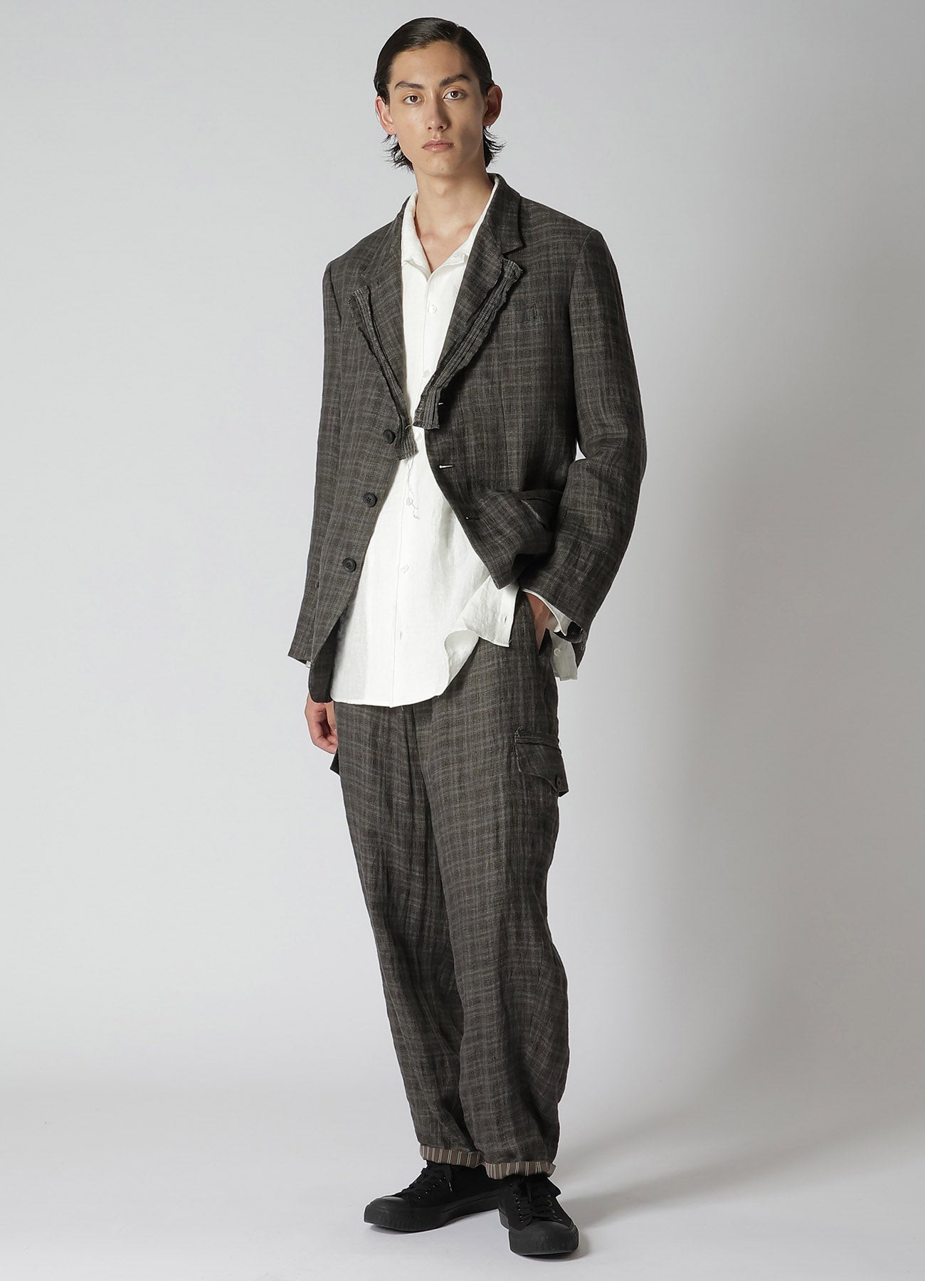 LINEN CROSS PLAID SUSPENDER PANTS