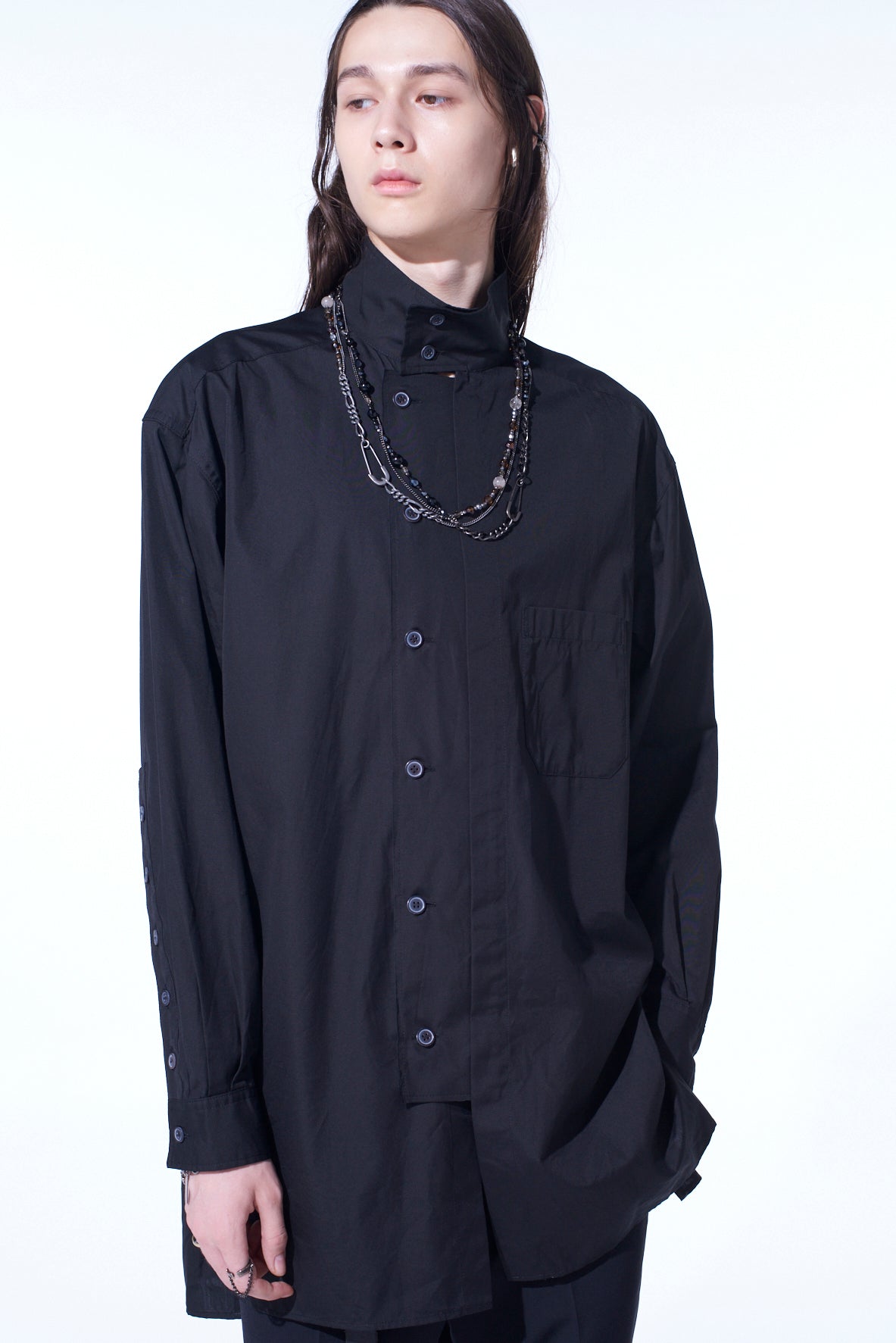 COTTON BROAD MULTI-BUTTONED SLEEVES STAND COLLAR SHIRT