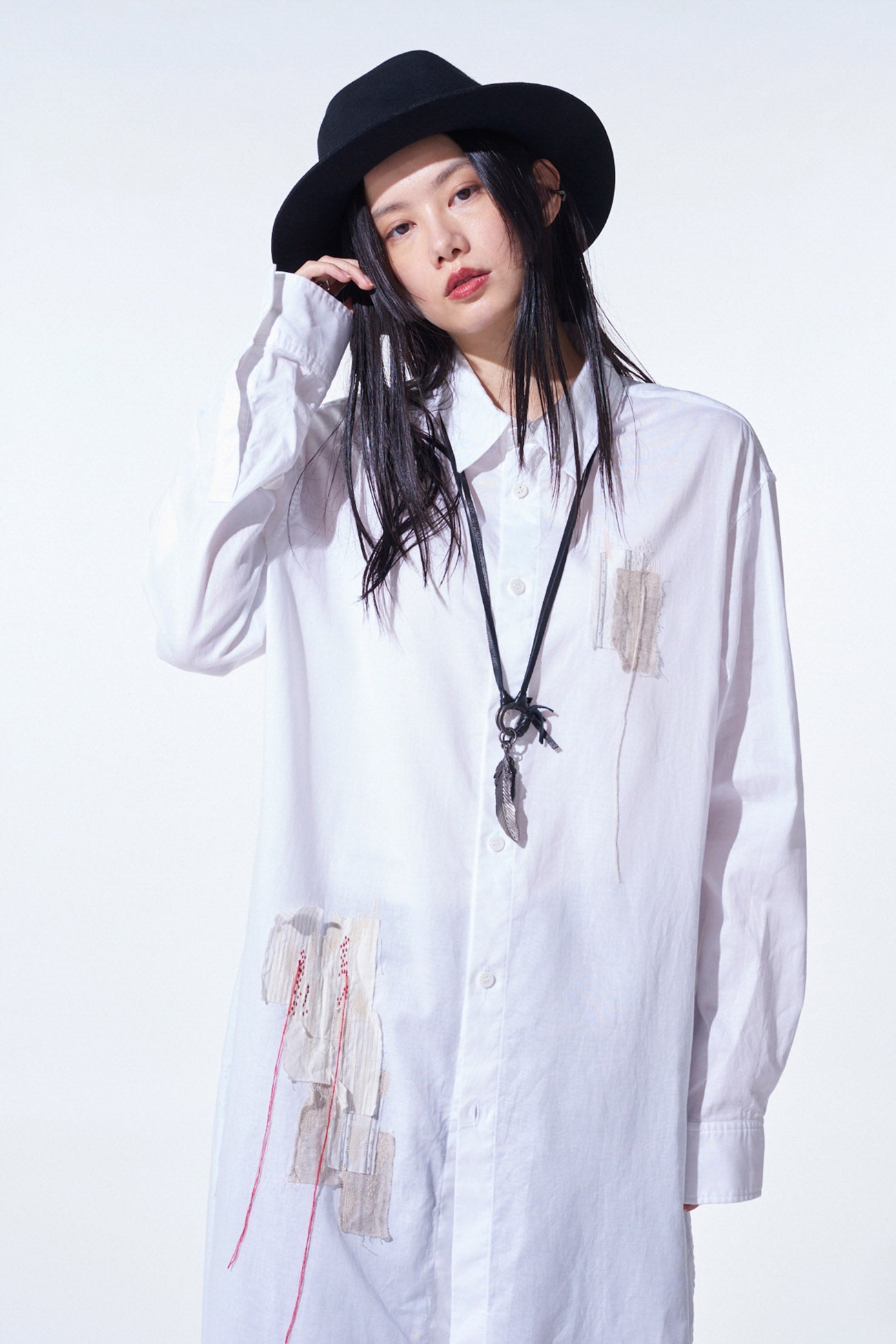 COTTON TWILL "BORO"APPLIQUE LONG SHIRT