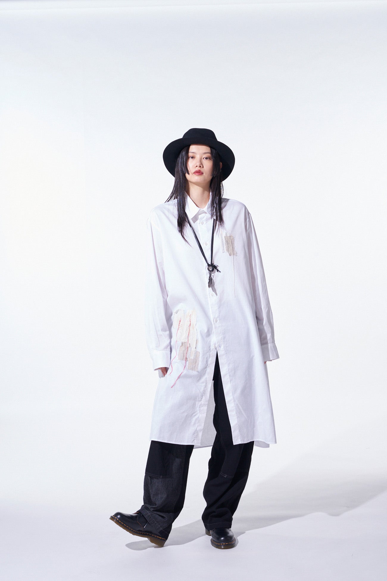 COTTON TWILL "BORO"APPLIQUE LONG SHIRT