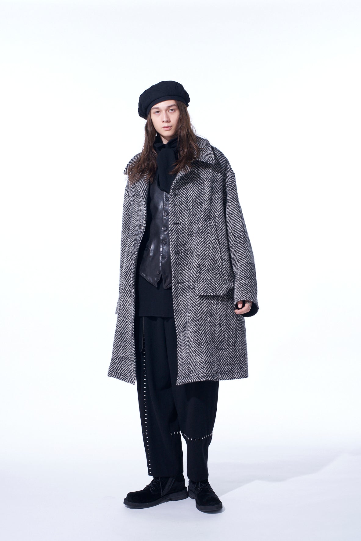 HERRINGBONE TWEED OVERSIZED SOUTIEN COLLAR COAT