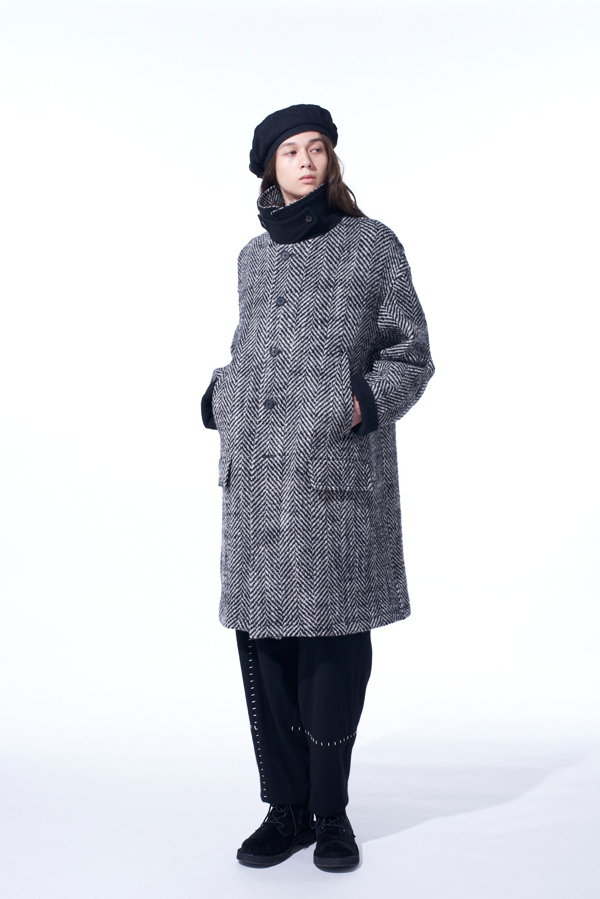 HERRINGBONE TWEED OVERSIZED SOUTIEN COLLAR COAT