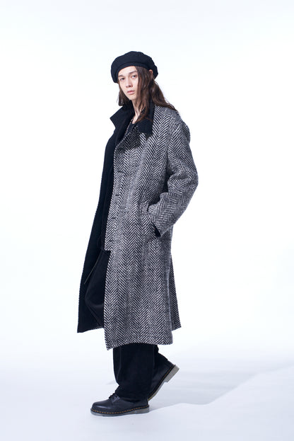 HERRINGBONE TWEED STAND COLLAR COAT