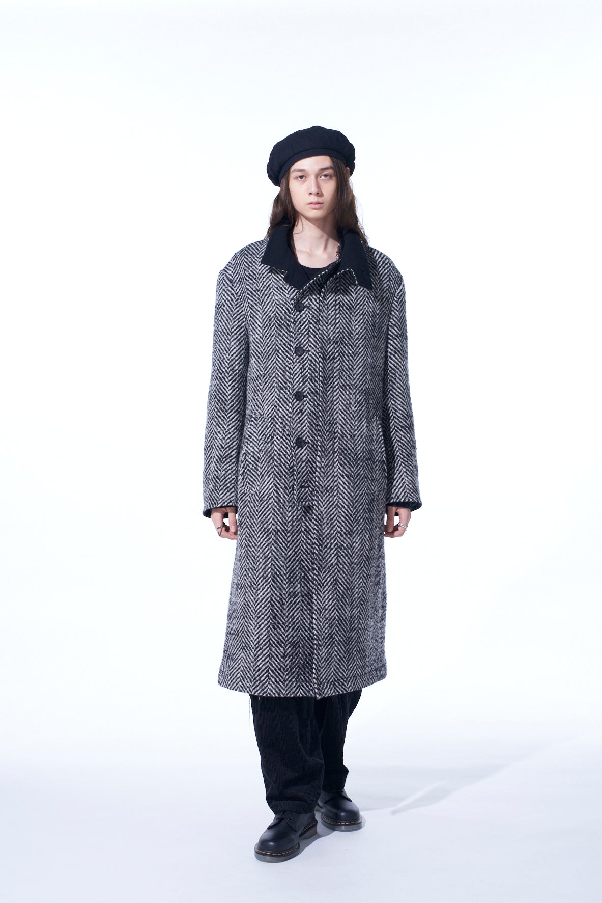 HERRINGBONE TWEED STAND COLLAR COAT