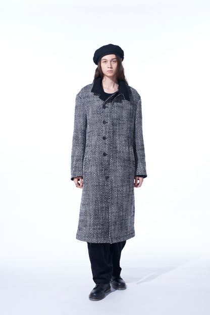 HERRINGBONE TWEED STAND COLLAR COAT