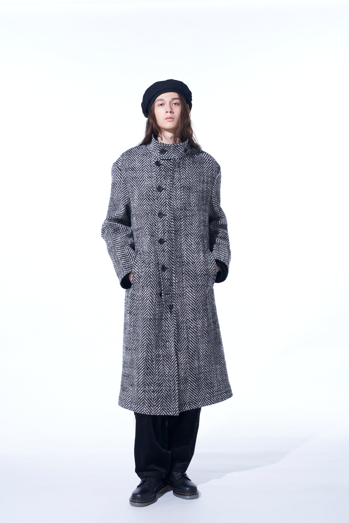 HERRINGBONE TWEED STAND COLLAR COAT