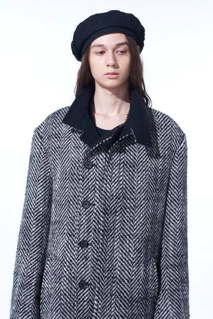 HERRINGBONE TWEED STAND COLLAR COAT