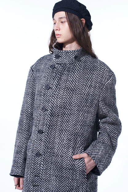 HERRINGBONE TWEED STAND COLLAR COAT