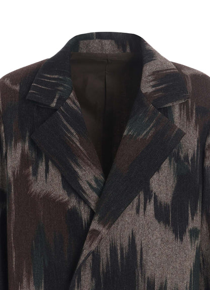 CAMOUFLAGE TWEED DOUBLE-BREASTED SNAP BUTTON LONG COAT