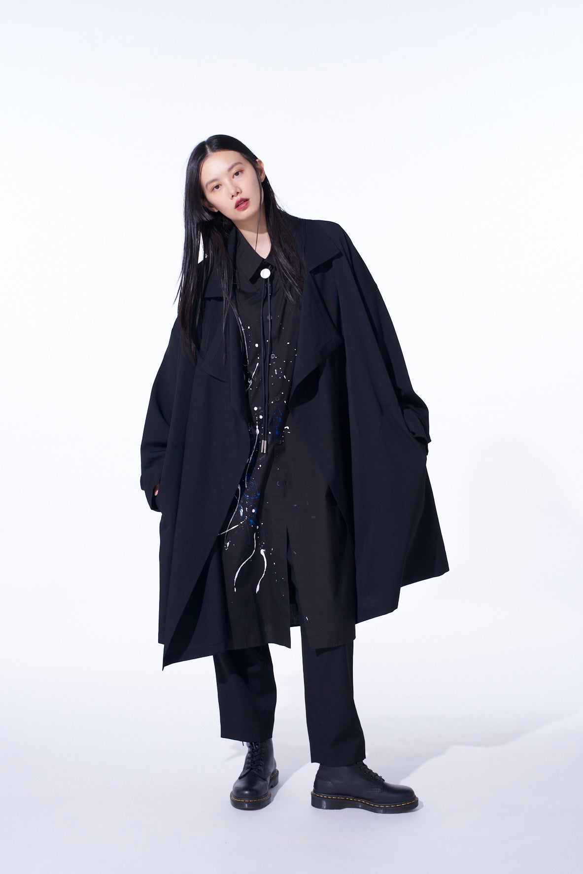 WASHER WOOL GABARDINE FLAME DOUBLE DRAPE COAT