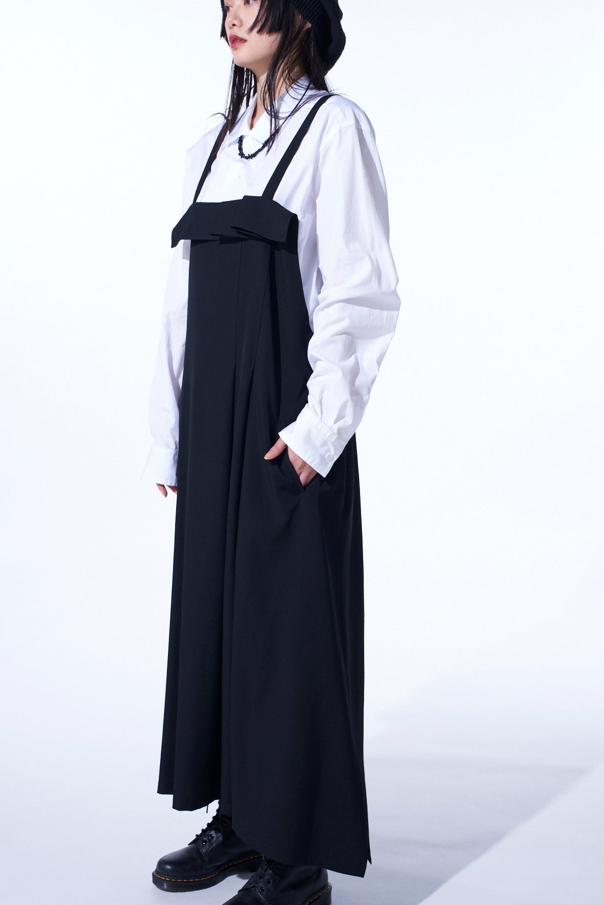 WASHER WOOL GABARDINE PLEATED SHOULDER STRAP DRESS