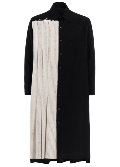 COTTON TWILL SHIRT DRESS WITH STRIPED PLEATED FABRIC