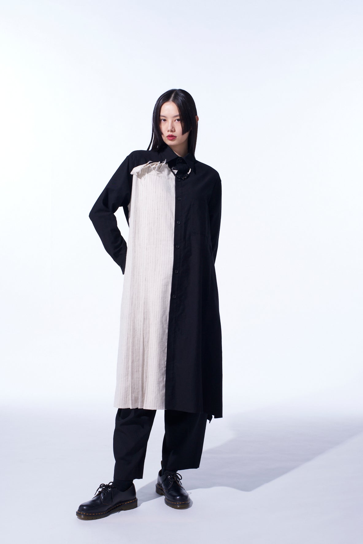 COTTON TWILL SHIRT DRESS WITH STRIPED PLEATED FABRIC