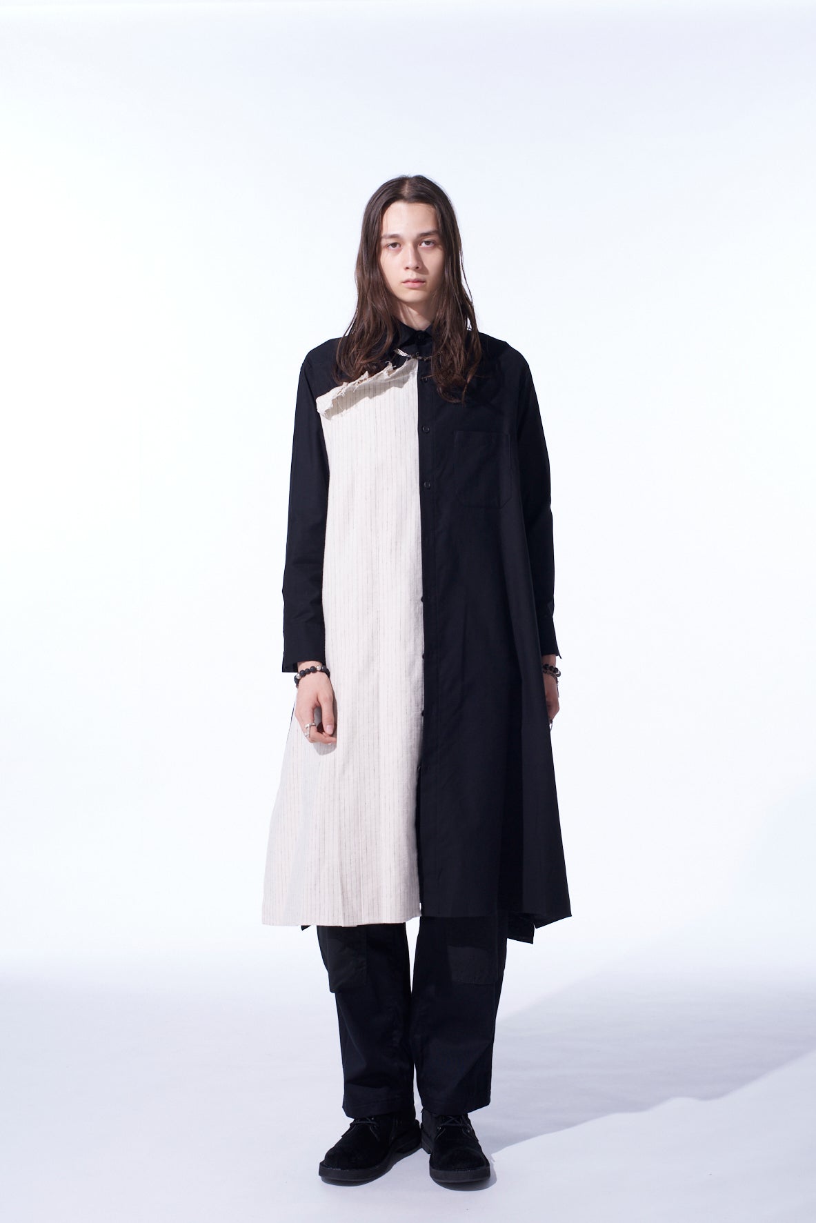 COTTON TWILL SHIRT DRESS WITH STRIPED PLEATED FABRIC