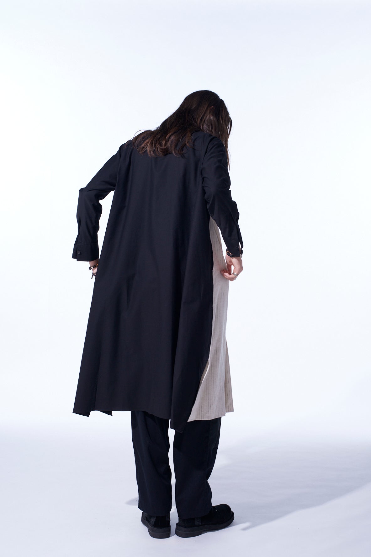 COTTON TWILL SHIRT DRESS WITH STRIPED PLEATED FABRIC