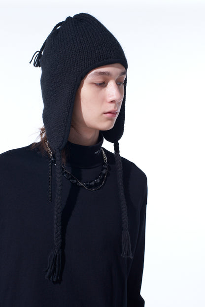 KNIT BEANIE WITH FRINGED EARPIECES