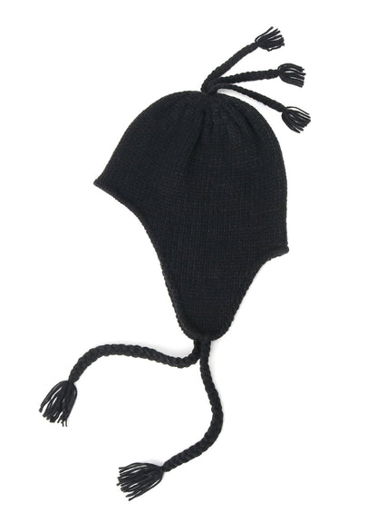 KNIT BEANIE WITH FRINGED EARPIECES