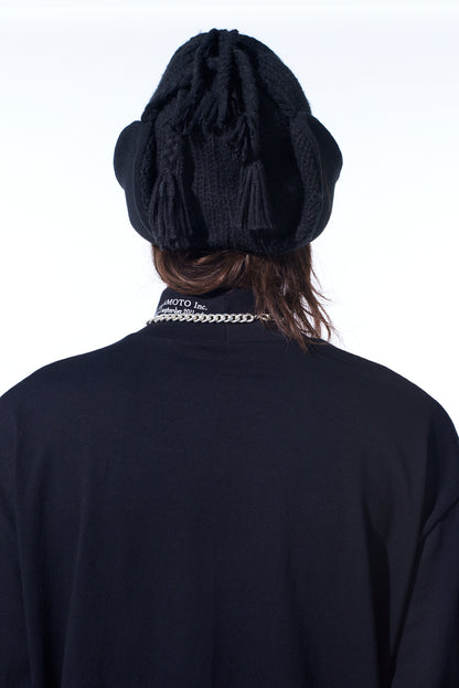 KNIT BEANIE WITH FRINGED EARPIECES