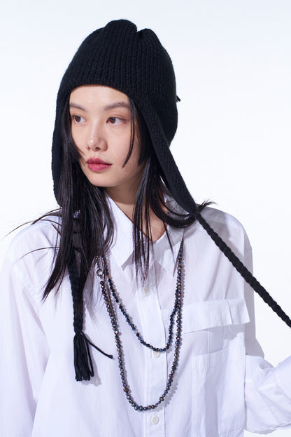 KNIT BEANIE WITH FRINGED EARPIECES