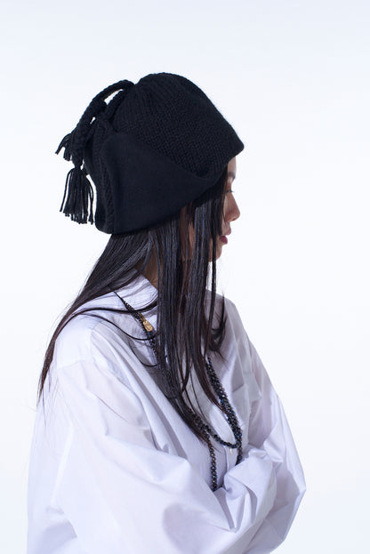 KNIT BEANIE WITH FRINGED EARPIECES