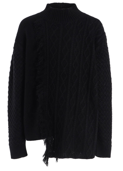 CORPILON BULKY WOOL ASYMMETRICAL FRINGE MOCK NECK KNIT