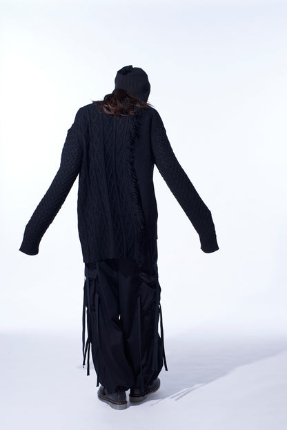 CORPILON BULKY WOOL ASYMMETRICAL FRINGE MOCK NECK KNIT