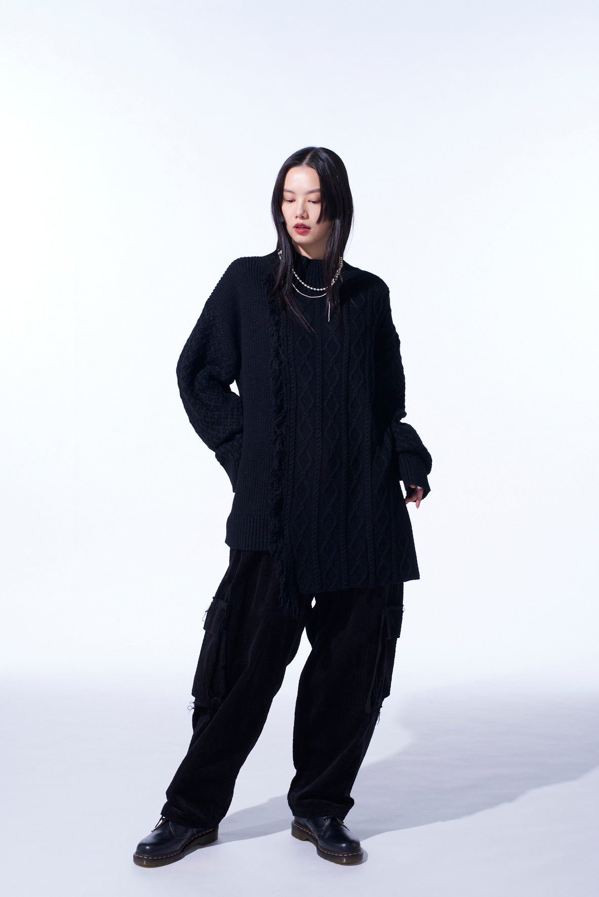 CORPILON BULKY WOOL ASYMMETRICAL FRINGE MOCK NECK KNIT