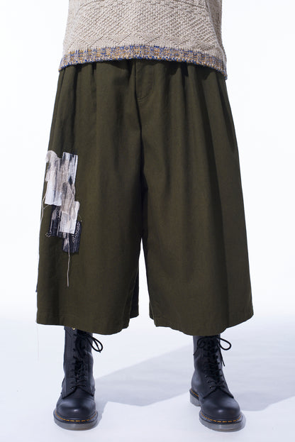 COTTON DRILL "BORO"APPLIQUE CULOTTE PANTS