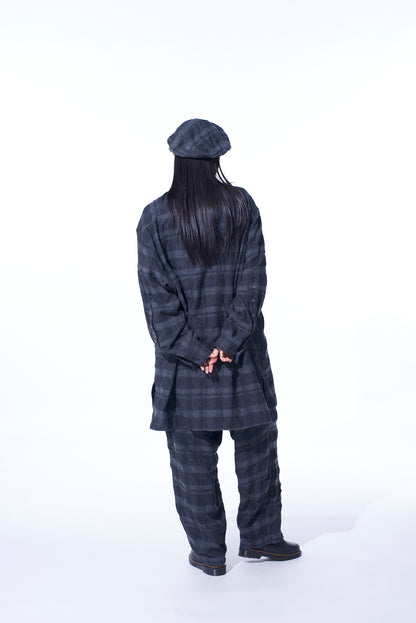 FULLING FINISHED SHADOW CHECK 3-TUCK WIDE TROUSERS