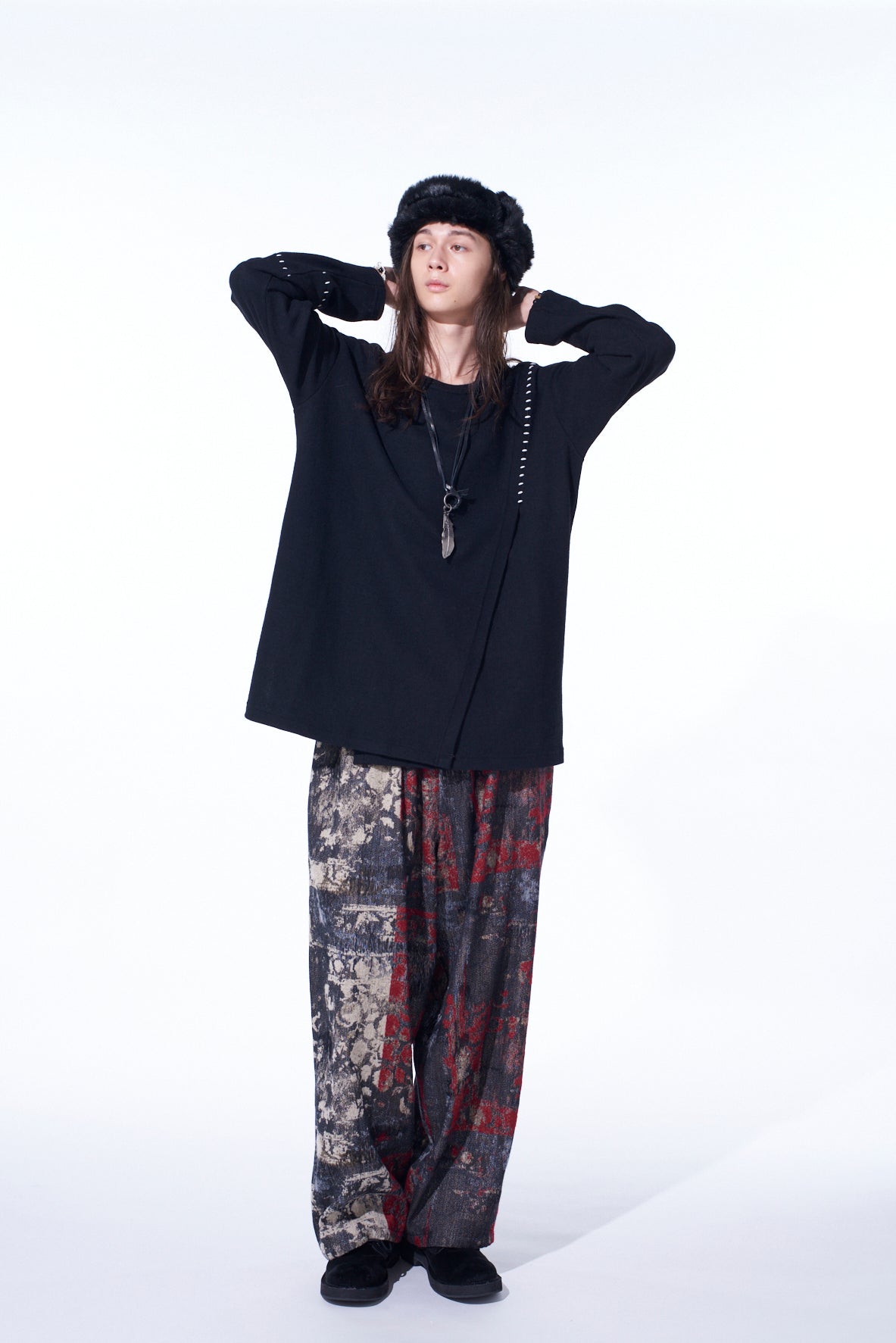 FLORAL JACQUARD DRAWSTRING WIDE PANTS