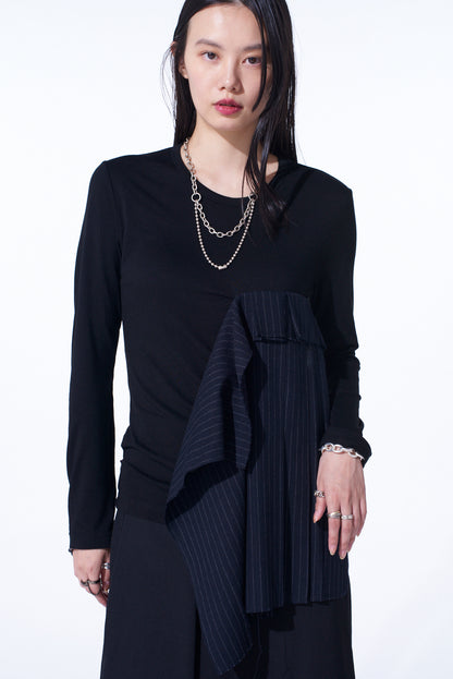 RAYON JERSEY LONG-SLEEVED T-SHIRT WITH PLEATED STRIPES FABRIC