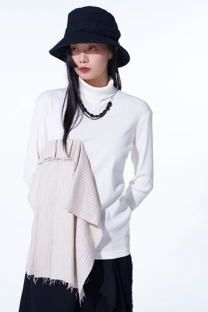 COTTON RIB JERSEY LONG-SLEEVED HIGH-NECK T-SHIRT WITH PLEATED STRIPES FABRIC