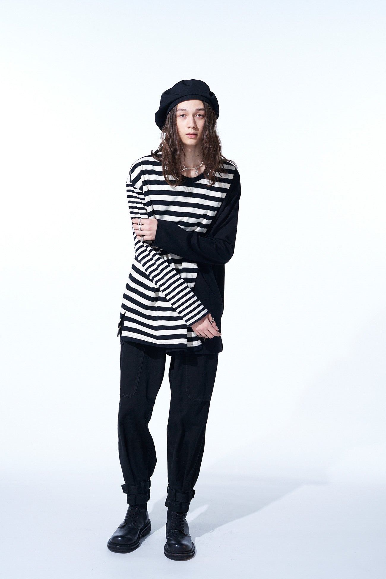 COTTON JERSEY FUSED STRIPE LAYERED LONG-SLEEVED T-SHIRT