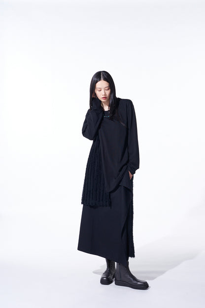 JACQUARD FRINGE STRIPE ASYMMETRICAL LONG-SLEEVED T-SHIRT