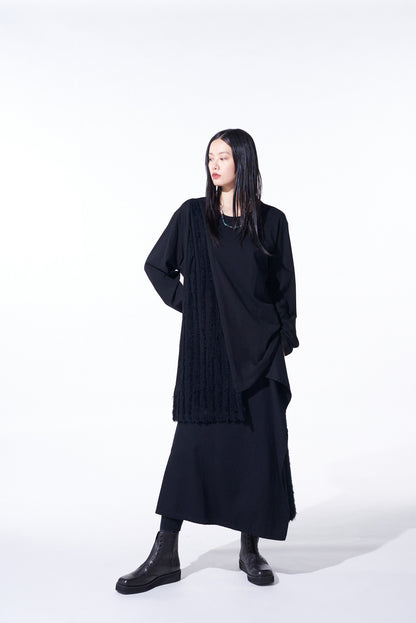 JACQUARD FRINGE STRIPE ASYMMETRICAL LONG-SLEEVED T-SHIRT