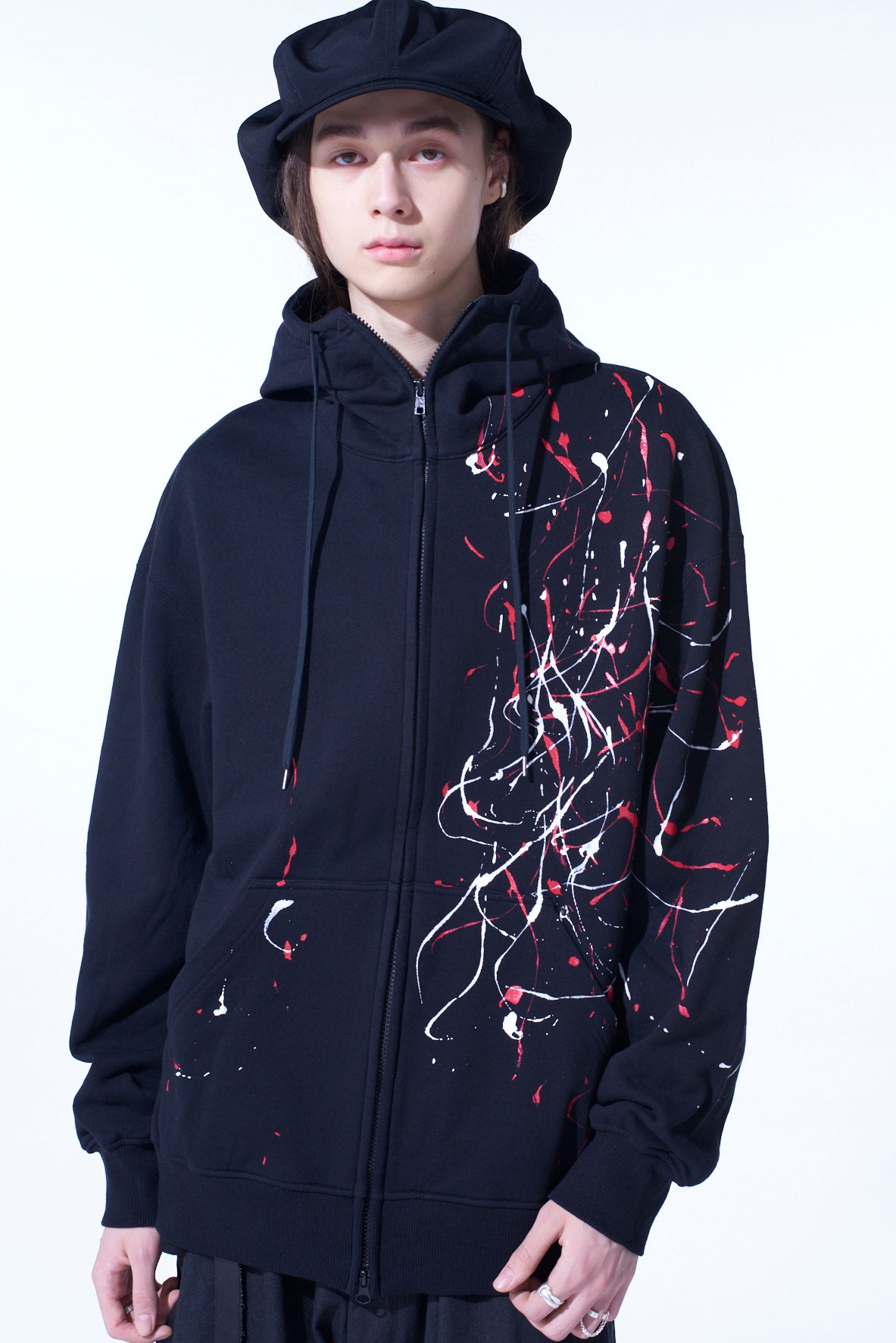 FRENCH TERRY SPLASH PAINTED ZIP-UP HOODIE RED