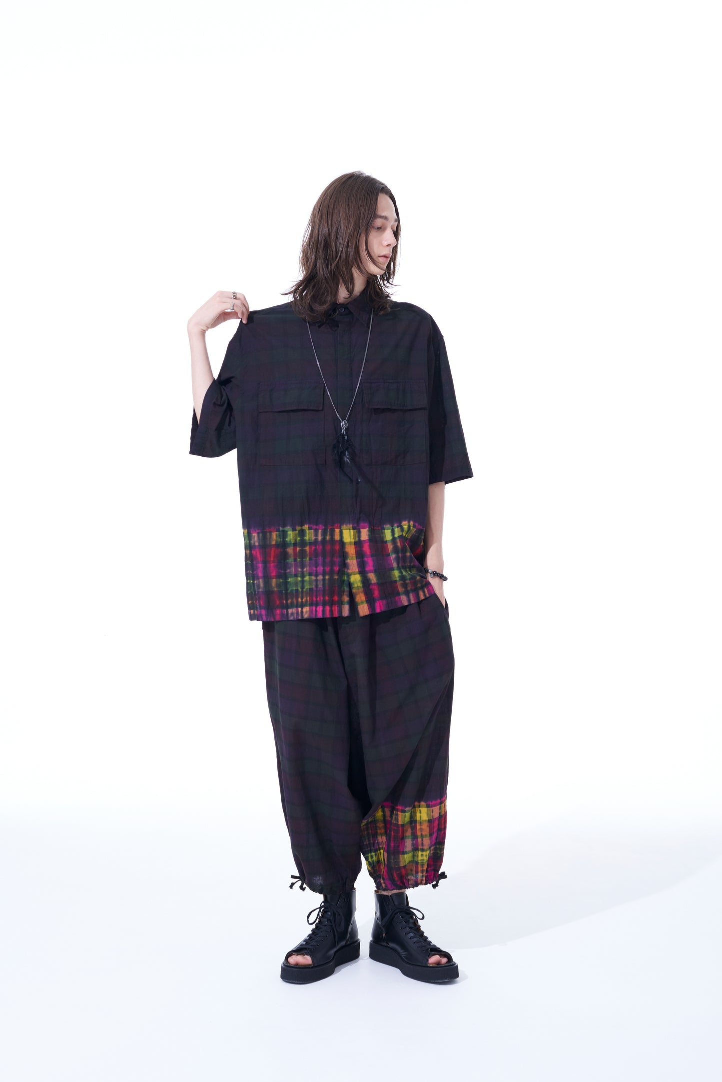 INDIAN MADRAS CHECK TIE-DIE HALF-SLEEVE BIG SHIRT WITH FLAP POCKETS