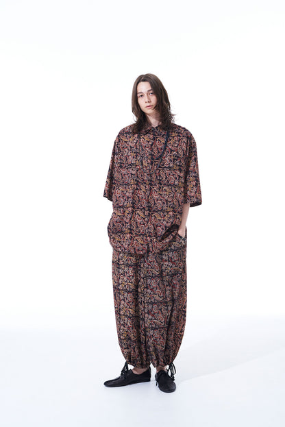 INDIAN BLOCK PRINTED PAISLEY HALF-SLEEVE BIG SHIRT WITH FLAP POCKETS