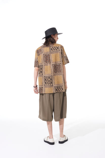 INDIAN BLOCK PRINTED SQUARE PATTERN HALF-SLEEVE SHIRT