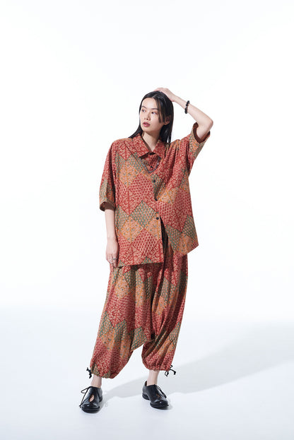 INDIAN BLOCK PRINTED BOTANICAL PATTERN SHIRT WITH ROLL-UP HALF SLEEVES