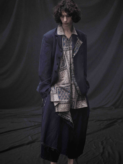 LINEN/RAYON EASY CLOTH+INDIAN BLOCK SQUARE PRINT JACKET WITH DOUBLE-TAILORED LEFT FRONT