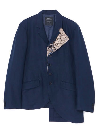 LINEN/RAYON EASY CLOTH+INDIAN BLOCK SQUARE PRINT JACKET WITH DOUBLE-TAILORED LEFT FRONT