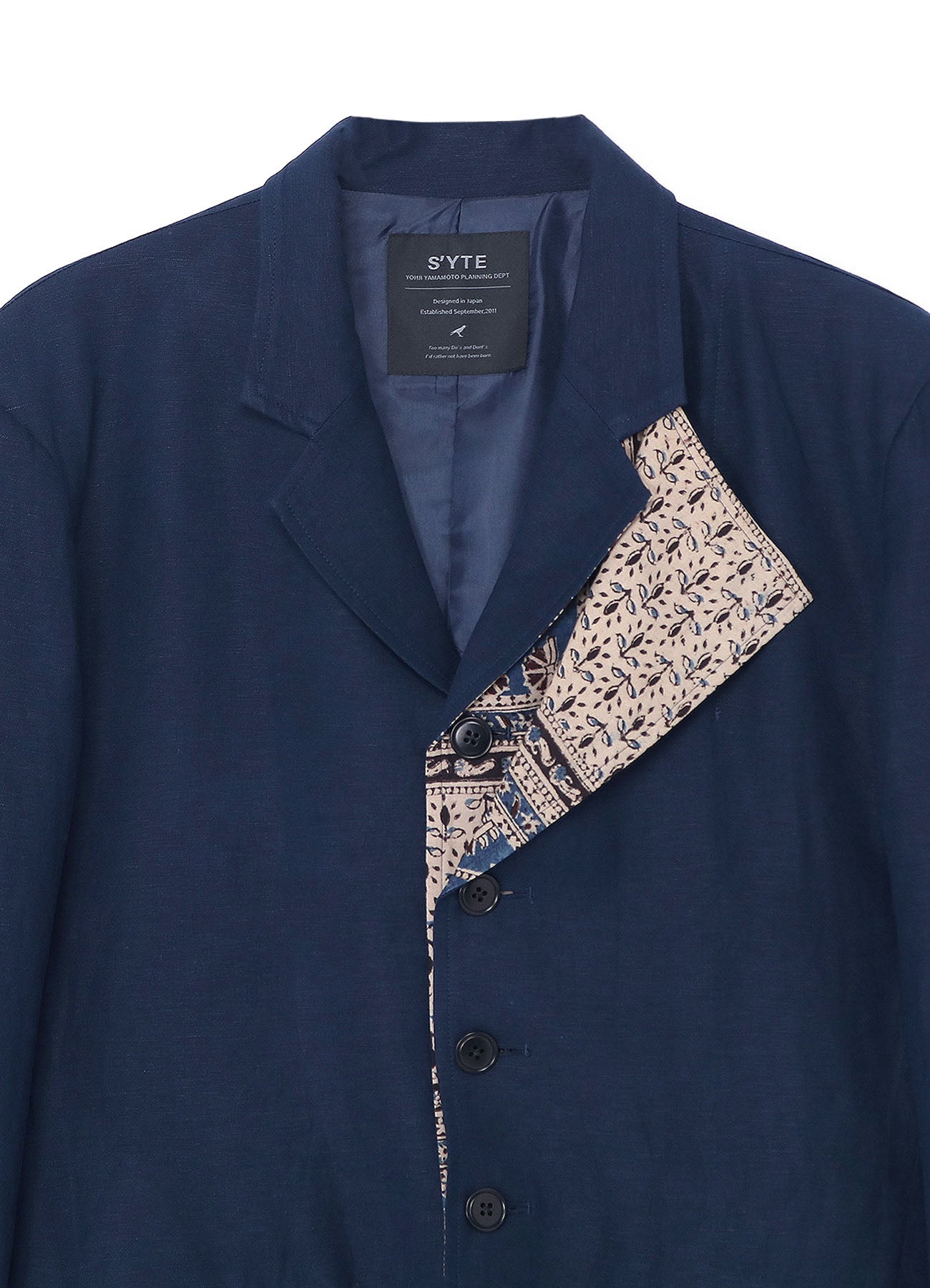 LINEN/RAYON EASY CLOTH+INDIAN BLOCK SQUARE PRINT JACKET WITH DOUBLE-TAILORED LEFT FRONT