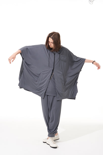 HIGH-GAUGE POLYESTER SMOOTH JERSEY HOODIE PONCHO