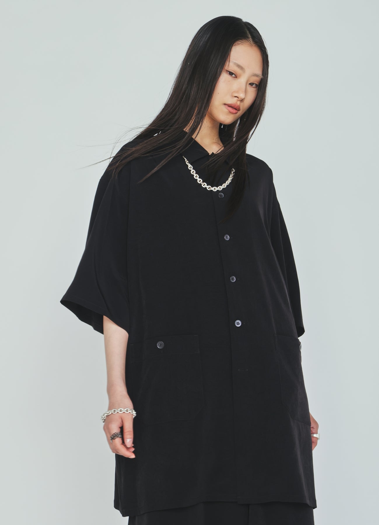 CREPE de CHINE BIG POCKET OPEN COLLAR SHIRTS